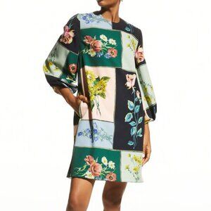 Lela Rose Patchwork Floral Portrait Print Balloon Sleeve Shift Dress Tunic 10